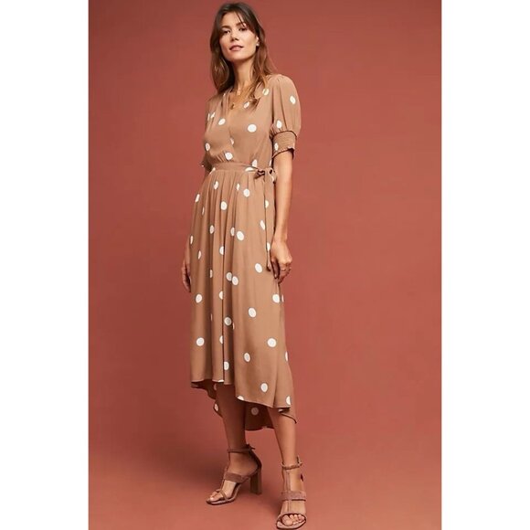 Maeve Anthropologie Bernice Midi Polka Dot Wrap Dress Sz 8P 8 with Pockets - Picture 2 of 14